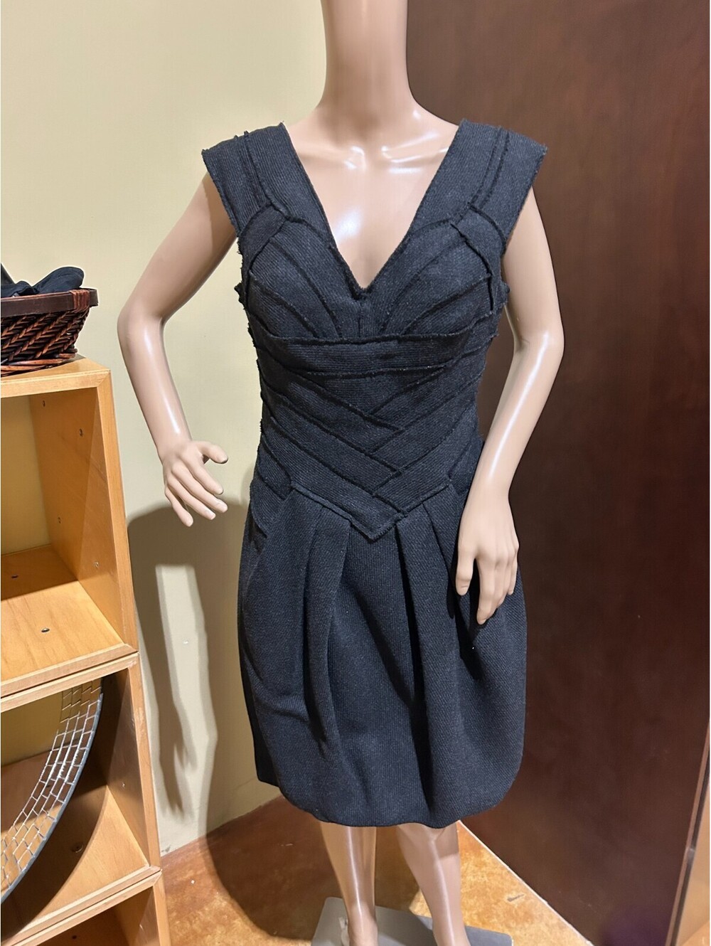 RARE: Iconic Herve Leger Corset V-Neck Wool Gray Mini Dress IT 42/ US 6/ UK 10